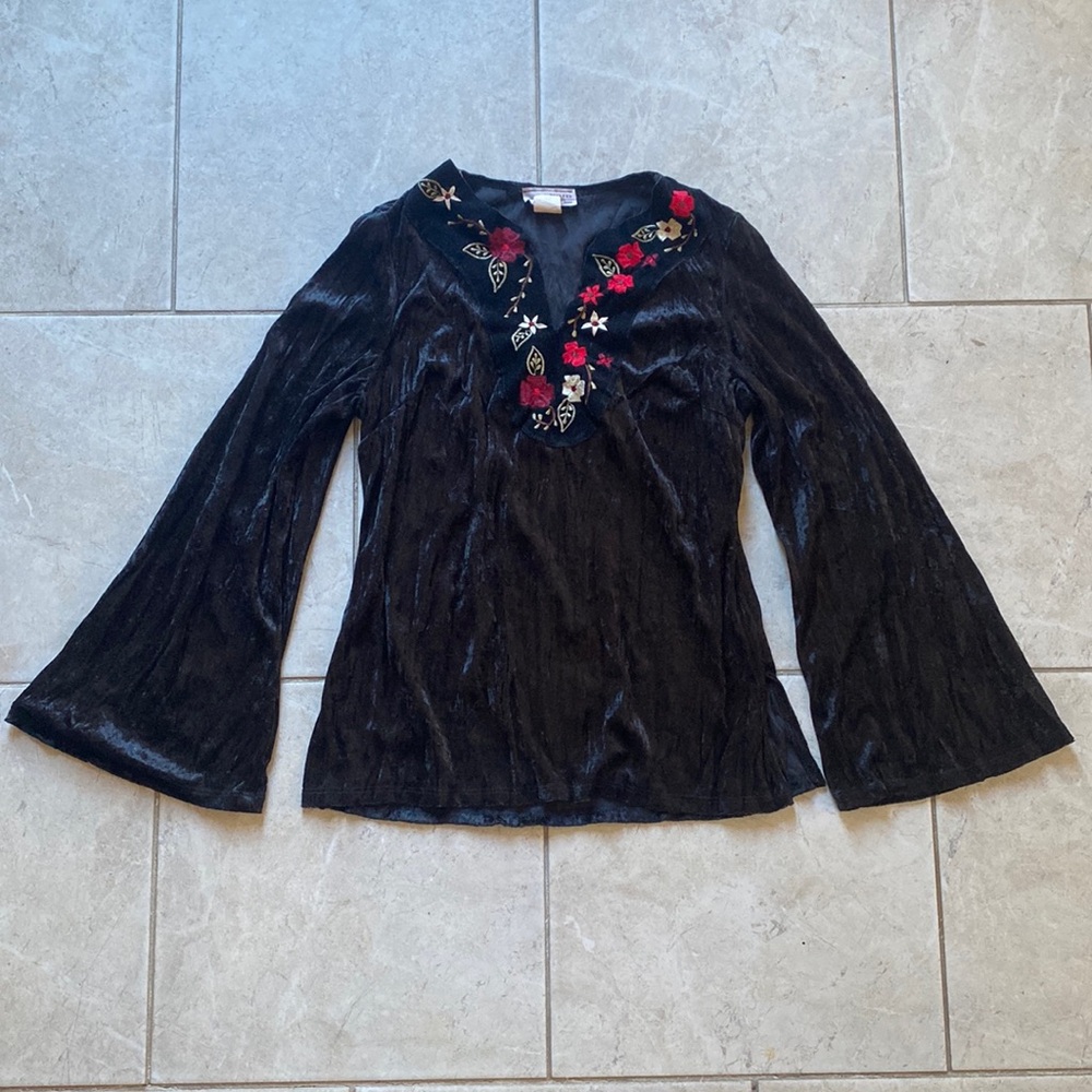 Picasso USA Vintage Suede Embroidered Floral Velvet Bell Sleeve
